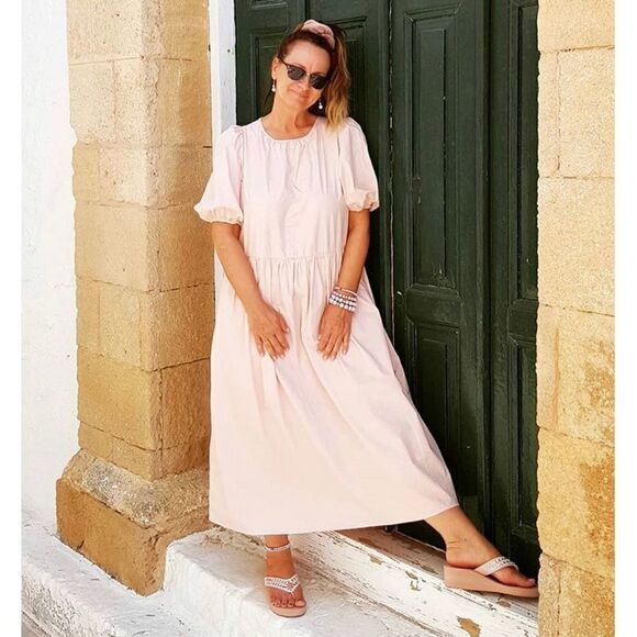 Calf-length Dress Dusty Pink Cotton M NWT Wide Cut - Picture 7 of 8